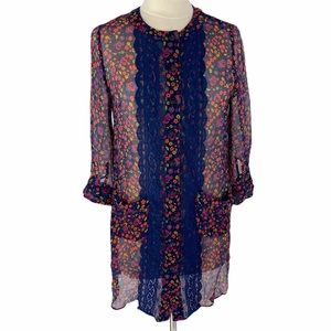 Anna Sui Sheer Blue Floral Silk Tunic Dress